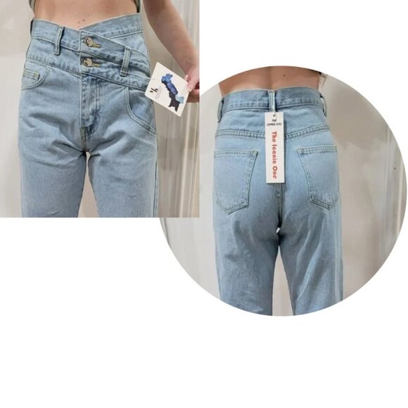 Jeans Double Criss Cross Waist Acid Wash Fashion  New Womans Sz 2 "WHY NOT?" - Picture 1 of 8